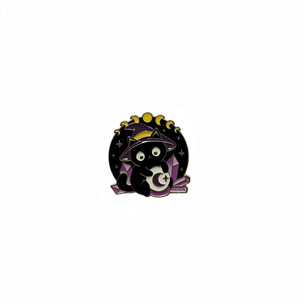 Cute Witchy Cat Enamel Pin , featuring a black cat in a witch hat, spooky gift for jackets and bags 
