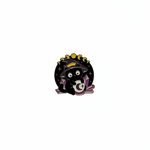 Cute Witchy Cat Enamel Pin , featuring a black cat in a witch hat, spooky gift for jackets and bags 
