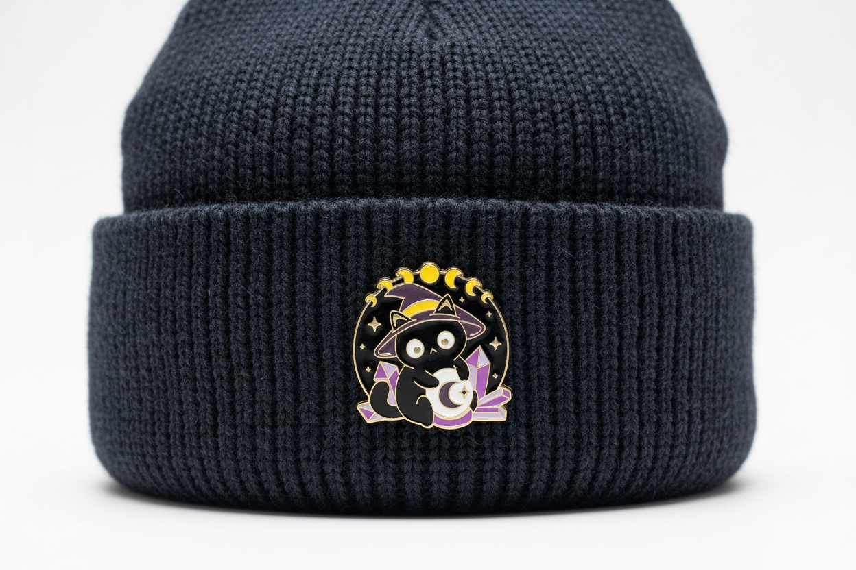 Cute Witchy Cat Enamel Pin worn on beanie hat alternative enamel pin for casual outfits and street wear