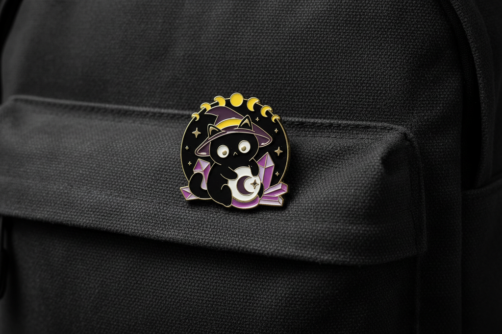 Cute Witchy Cat Enamel Pin on backpack alt accessory for customizing bags and school gear