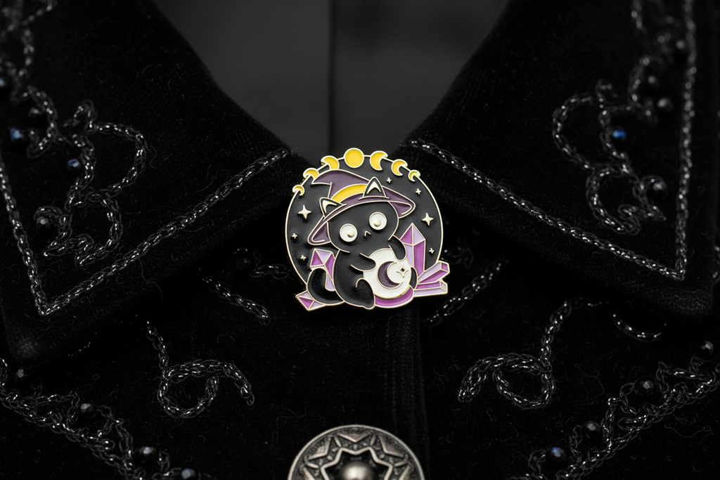 Cute Witchy Cat Enamel Pin worn on jacket lapel, goth pin style for everyday wear