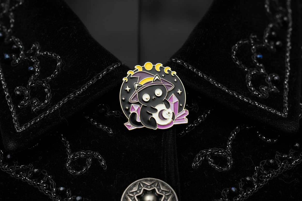 Cute Witchy Cat Enamel Pin worn on jacket lapel, goth pin style for everyday wear