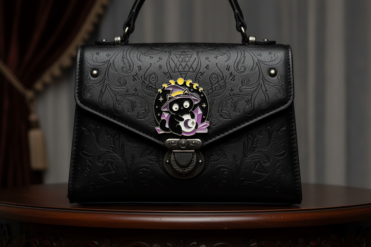 Cute Witchy Cat Enamel Pin attached to purse gothic brooch accessory for bags and personal style