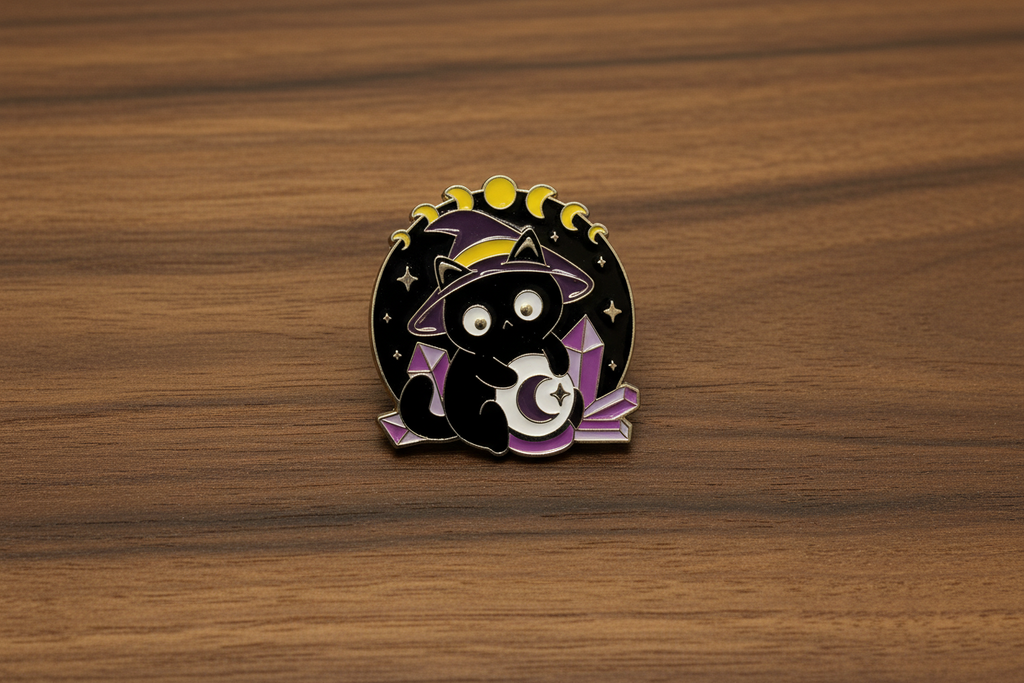 Cute Witchy Cat Enamel Pin on wood background wiccan enamel pin with moon phase detail