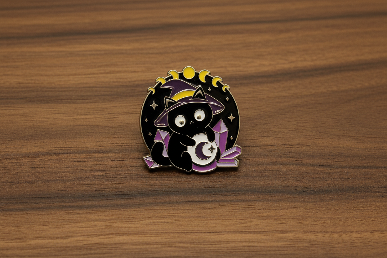 Cute Witchy Cat Enamel Pin on wood background wiccan enamel pin with moon phase detail