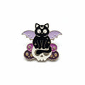 Cute Witchy Cat on Skull Enamel Pin featuring a cute black cat witchy gift for jackets and bags 