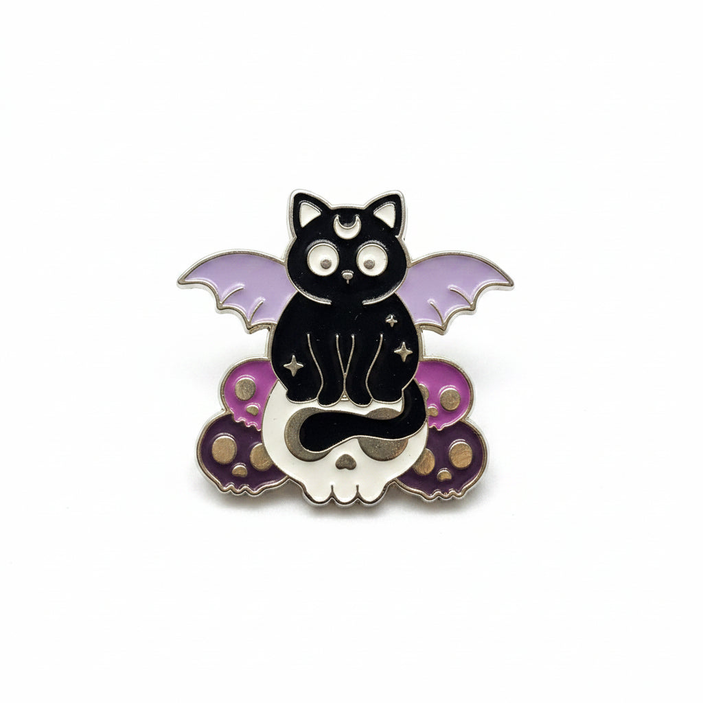Cute Witchy Cat on Skull Enamel Pin featuring a cute black cat witchy gift for jackets and bags 
