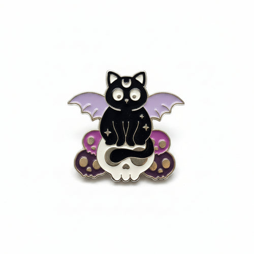 Cute Witchy Cat on Skull Enamel Pin featuring a cute black cat witchy gift for jackets and bags 