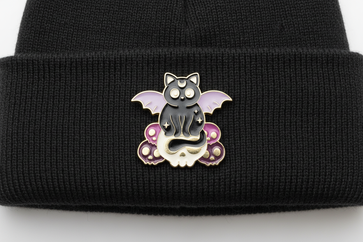 Cute Witchy Cat on Skull Enamel Pin worn on beanie hat witch enamel pin for casual outfits and street wear