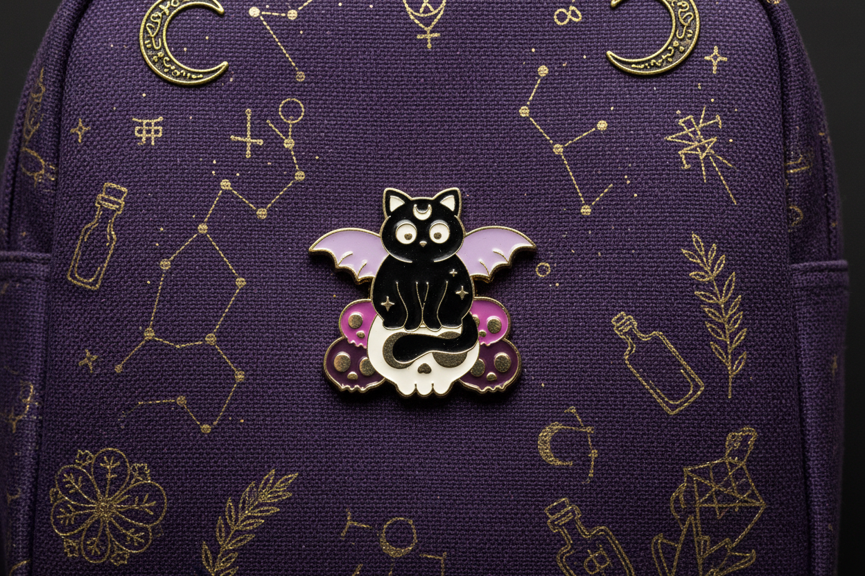 Cute Witchy Cat on Skull Enamel Pin on backpack alt accessory for customizing bags and school gear