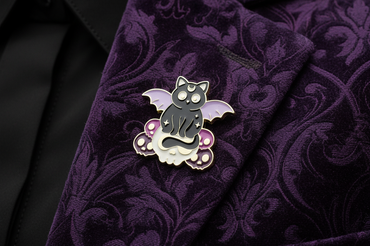 Cute Witchy Cat on Skull Enamel Pin worn on jacket lapel,  gothic pin style for everyday wear
