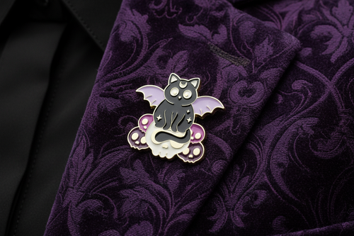 Cute Witchy Cat on Skull Enamel Pin worn on jacket lapel,  gothic pin style for everyday wear