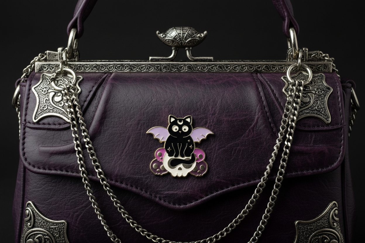 Cute Witchy Cat on Skull Enamel Pin attached to purse gothic brooch accessory for bags and personal style