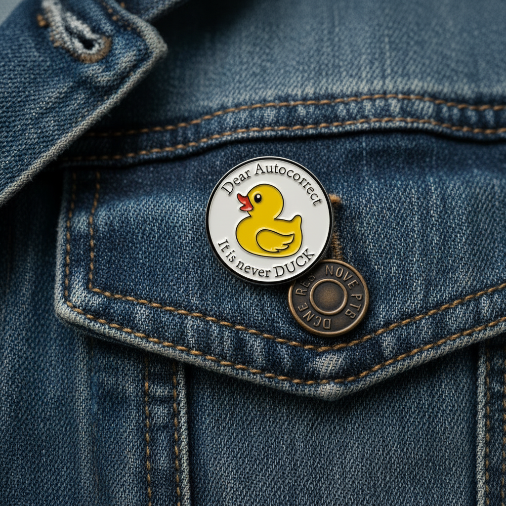 Dear Auto correct enamel pin worn on jacket lapel, funny pin style for everyday wear