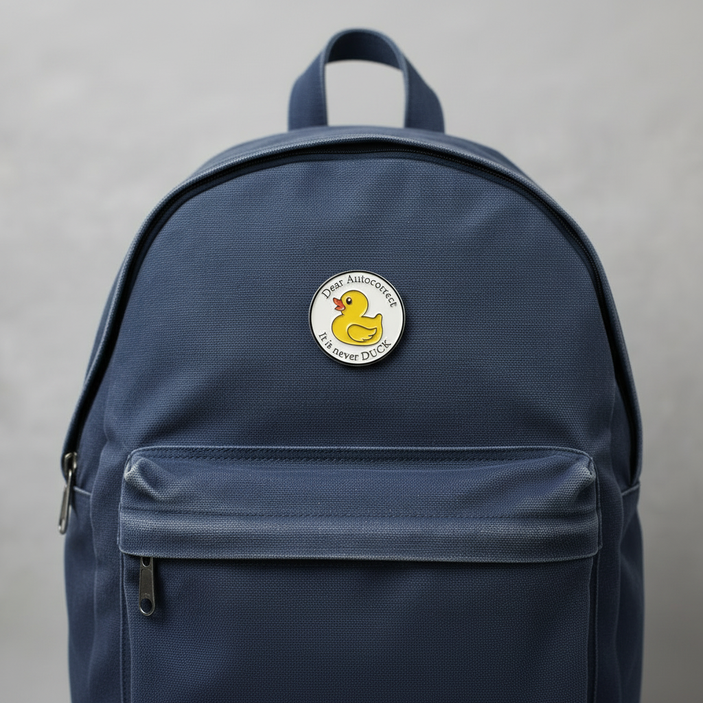 Dear Auto correct enamel pin on backpack cute accessory for customizing bags and school gear
