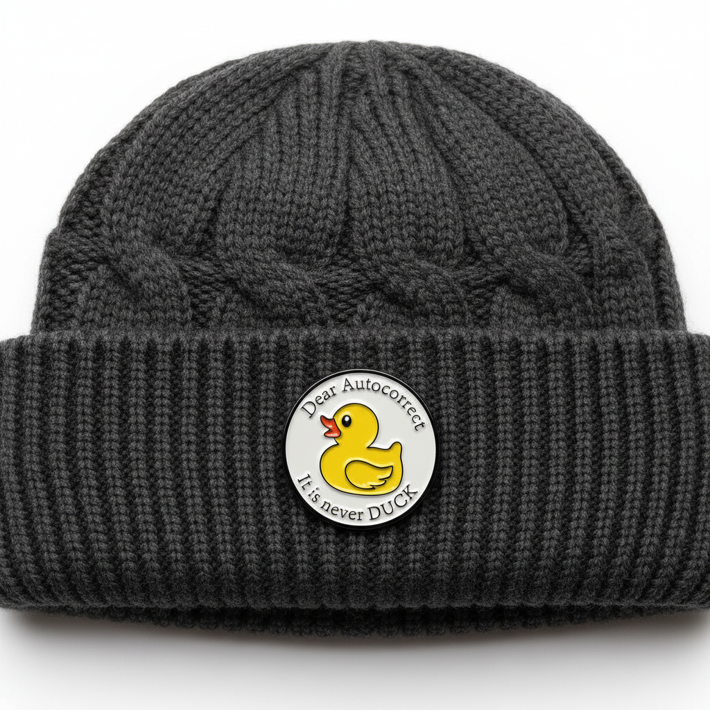 Dear Auto correct enamel pin worn on beanie hat alternative enamel pin for casual outfits and street wear