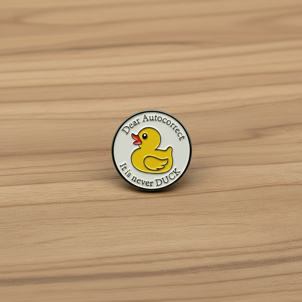 Dear Auto correct enamel pin on wood background funny work enamel pin with duck design detail