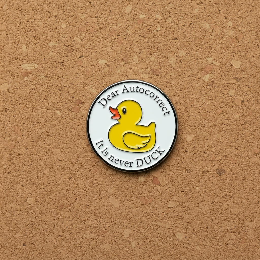 Dear Auto correct enamel pin displayed on cork board funny enamel pin for collectors and display
