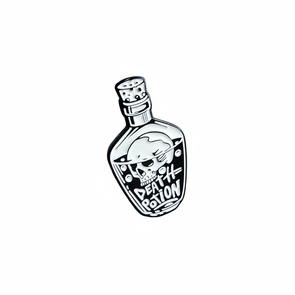 Enamel pin of a potion bottle labeled 'Death Potion' on a wooden surface