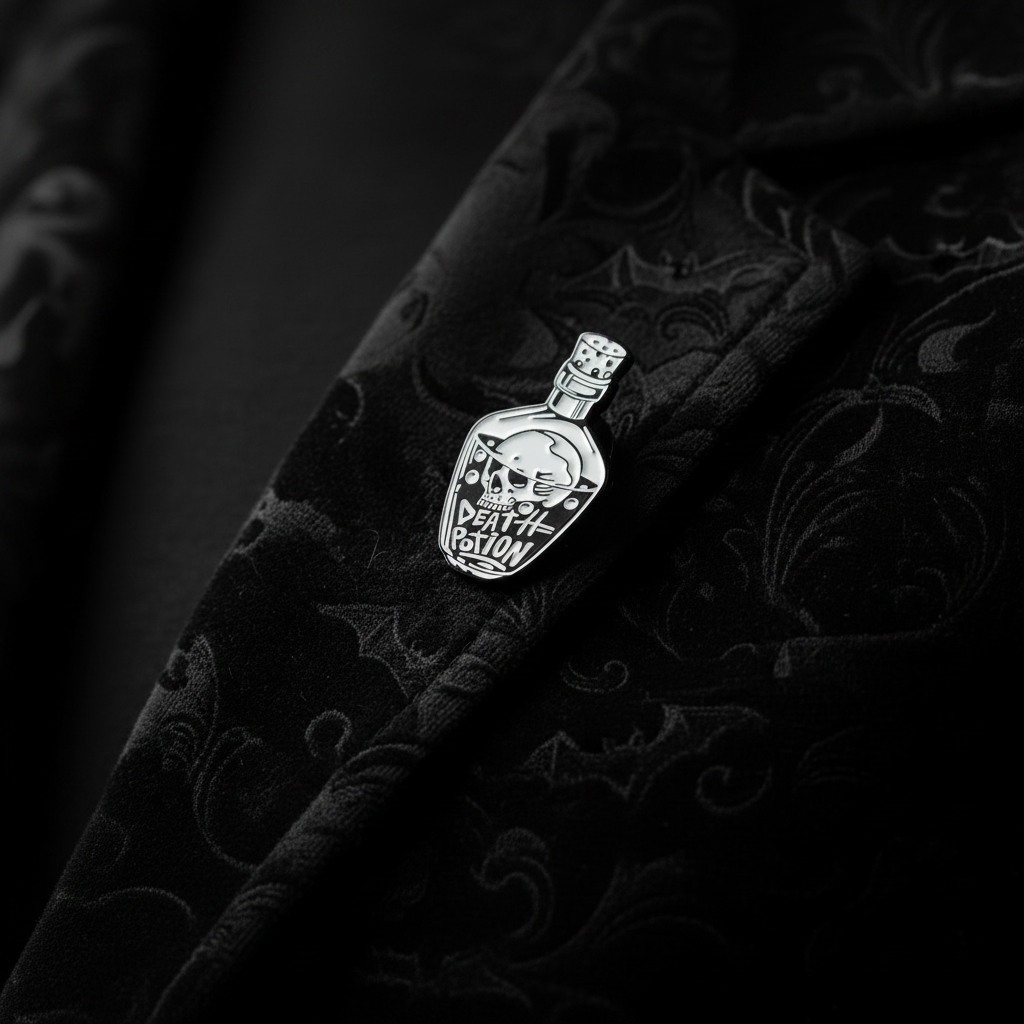 Death Potion enamel pin worn on jacket lapel, goth pin style for everyday wear