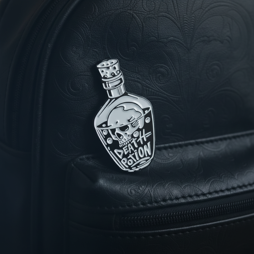 Death Potion enamel pin attached to bookbag alternative style accessory for customizing bags and school gear