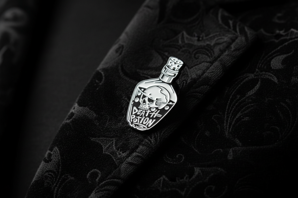 Death Potion Enamel Pin – Gothic Skull Bottle Pin, Witchy Gift, Bookbag and Lapel Pin