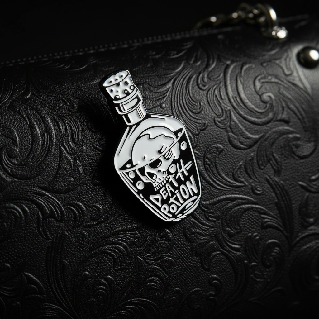 Death potion enamel pin attached to purse goth gift  for bags and personal style
