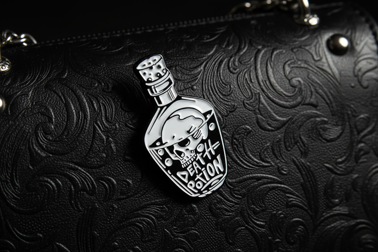 Death potion enamel pin attached to purse goth gift  for bags and personal style