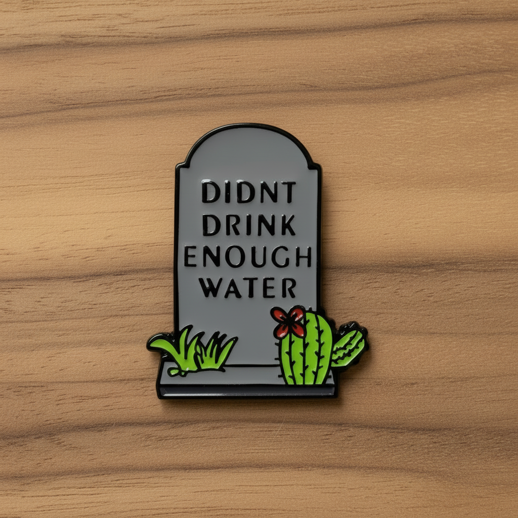 didn't drink enough water enamel pin on wood background funny enamel pin with tombstone detail