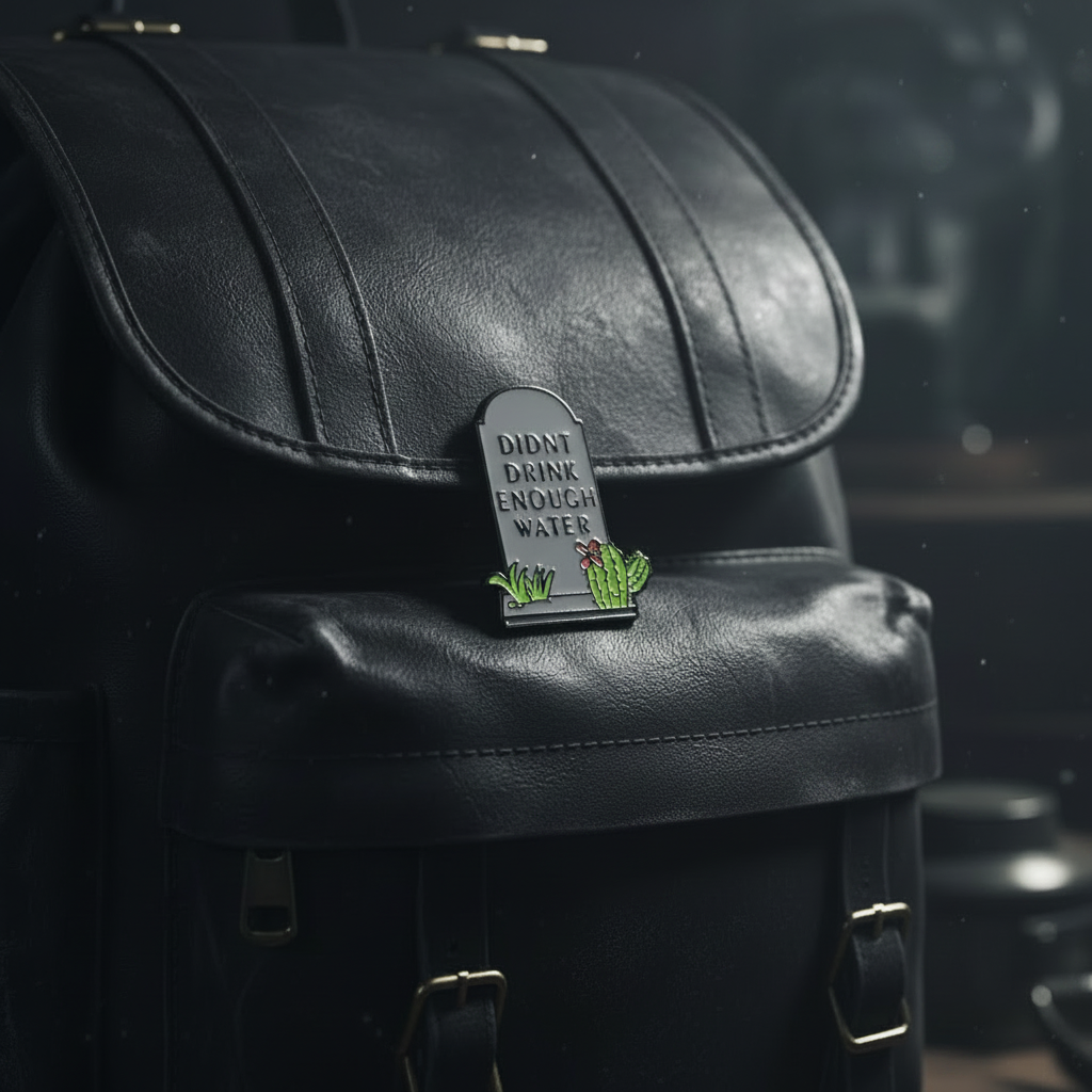 Didn't drink enough water enamel pin on backpack sarcastic accessory for customizing bags and school gear