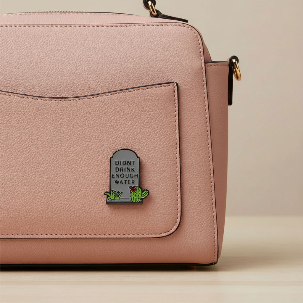 Didn't drink enough water enamel pin attached to purse funny brooch accessory for bags and personal style