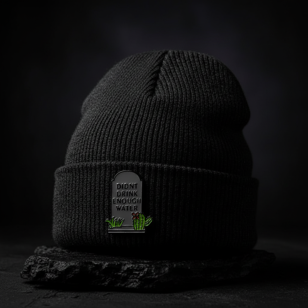 Didn't drink enough water enamel pin worn on beanie hat alternarive enamel pin for casual outfits and street wear