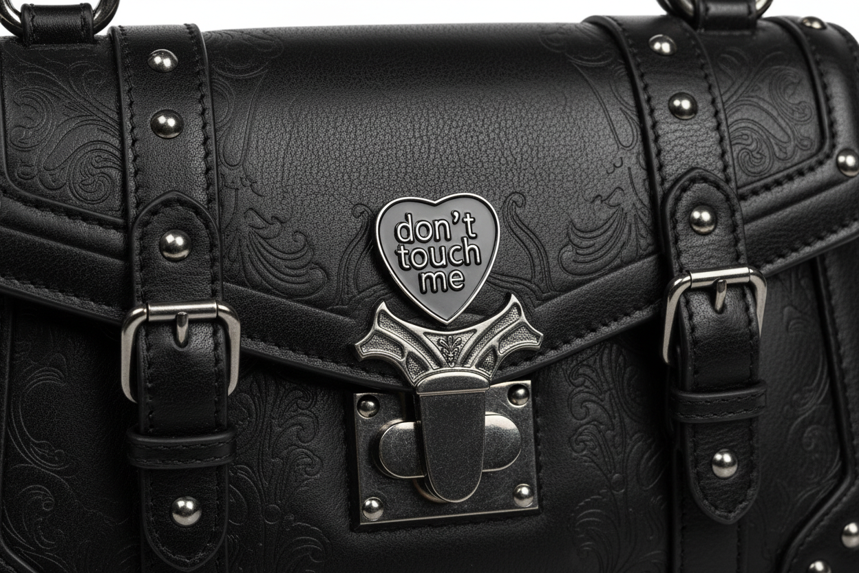 Don't Touch Me Enamel Pin on backpack witchy accessory for customizing bags and school gear