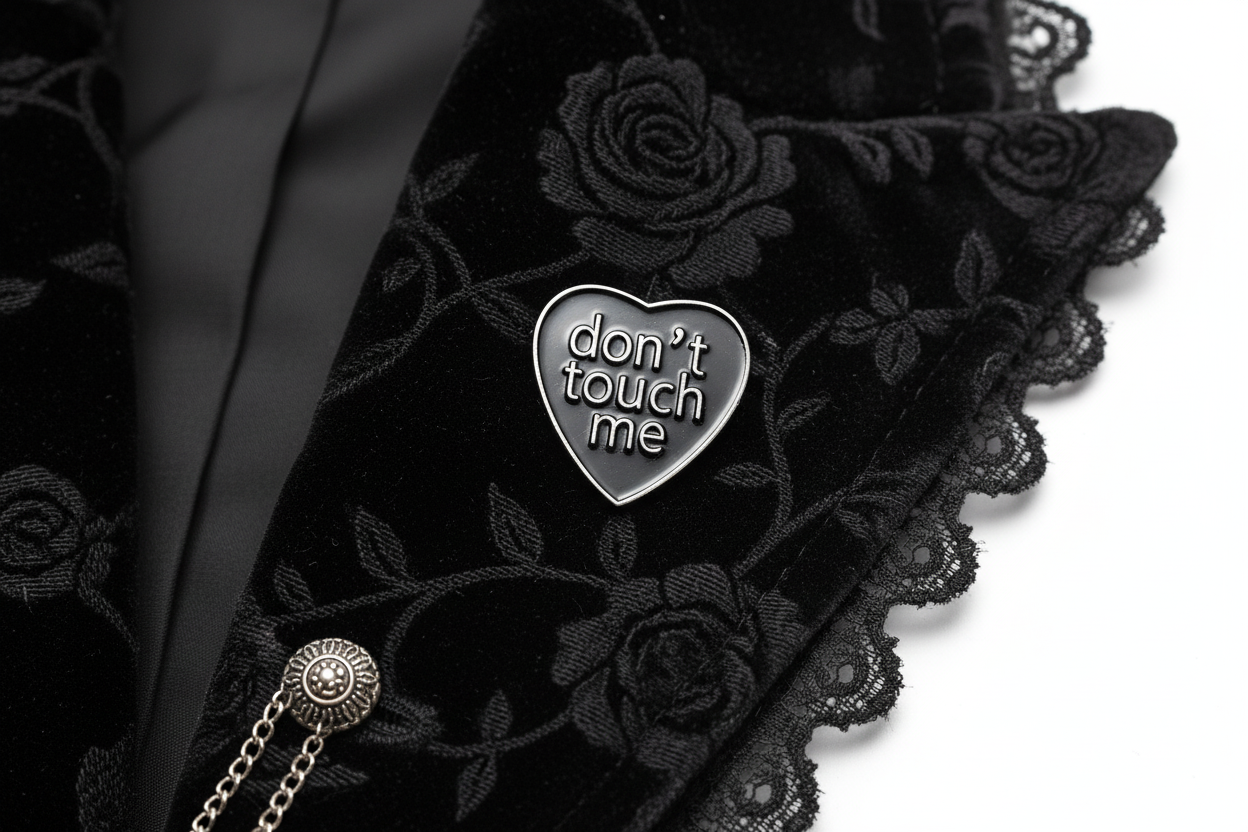 Don't Touch Me Enamel Pin worn on jacket lapel, Emo pin style for everyday wear