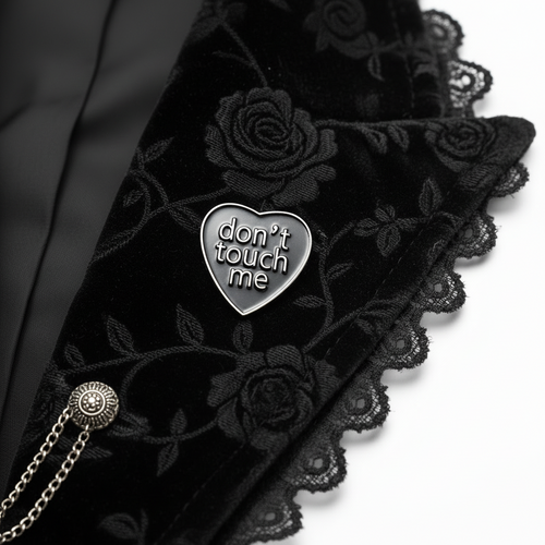 Don't Touch Me Enamel Pin worn on jacket lapel, Emo pin style for everyday wear