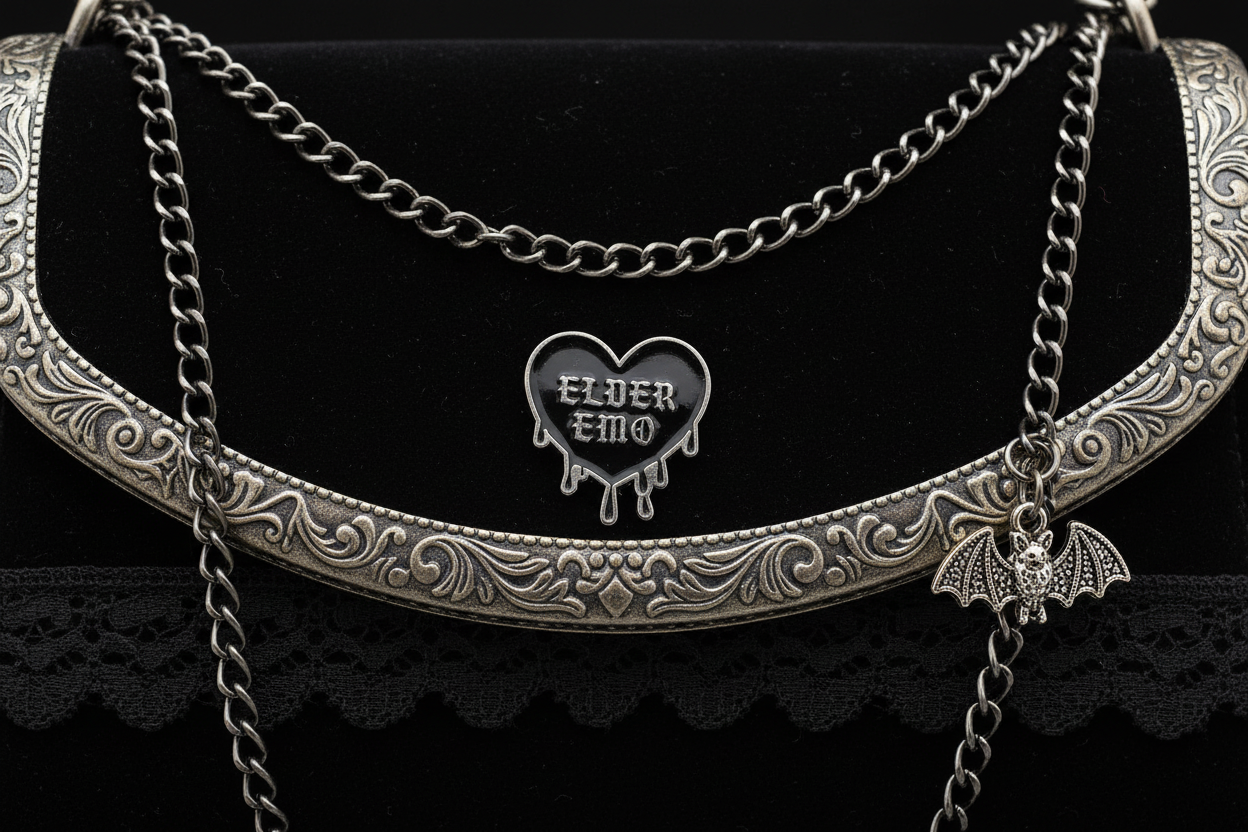 Elder Emo Enamel Pin attached to purse witchy brooch accessory for bags and personal style