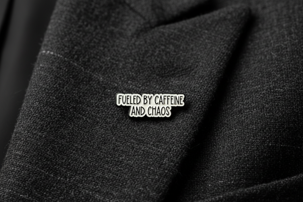 Metallic badge with text 'Fueled by caffeine and chaos' on a gray fabric background