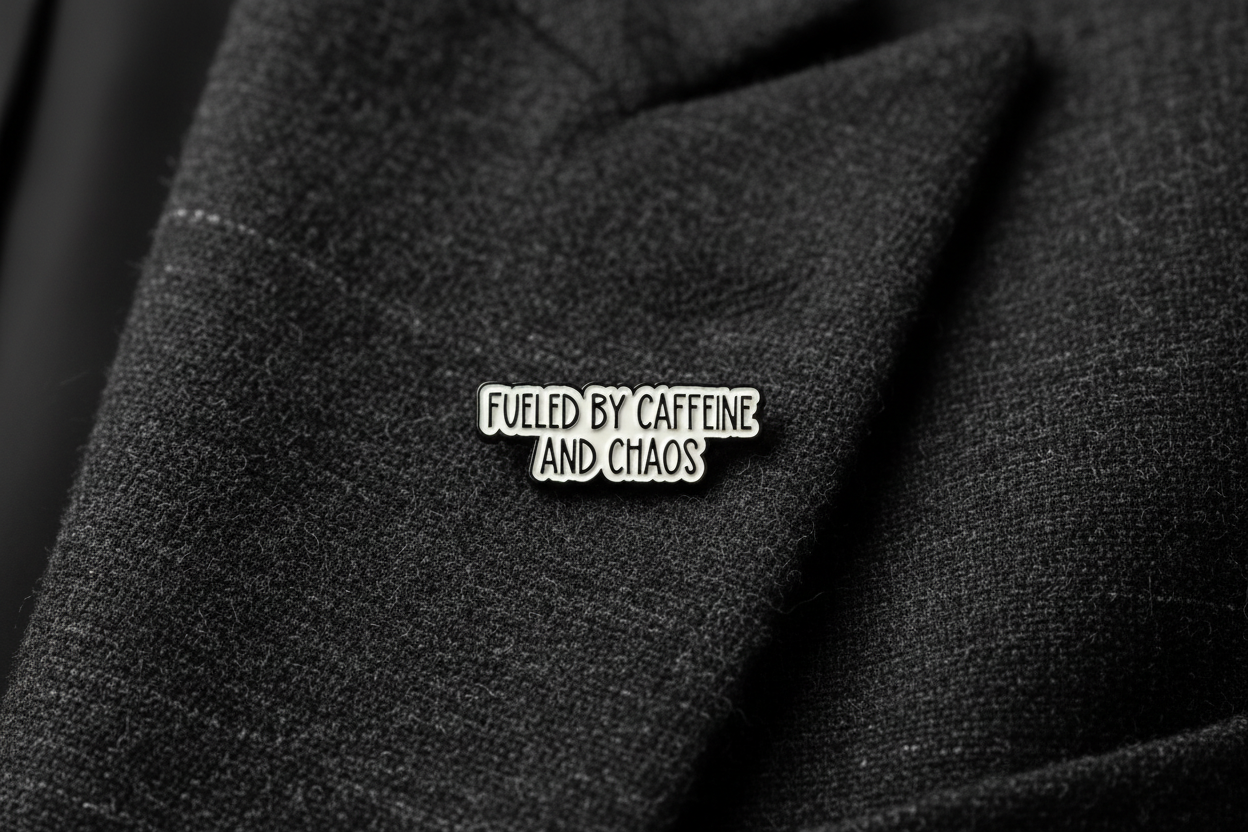 Metallic badge with text 'Fueled by caffeine and chaos' on a gray fabric background