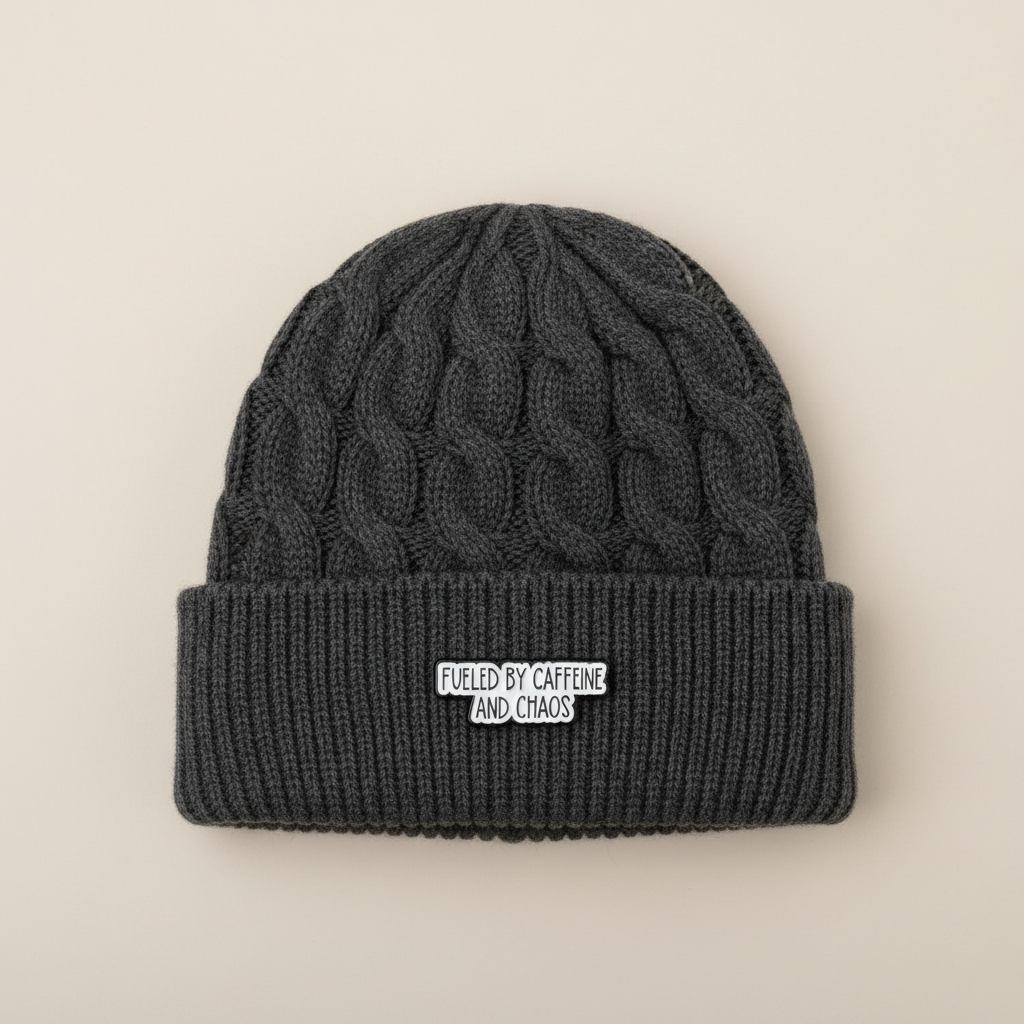 Fueled by caffeine and choas enamel pin worn on beanie hat alternative enamel pin for casual outfits and street wear