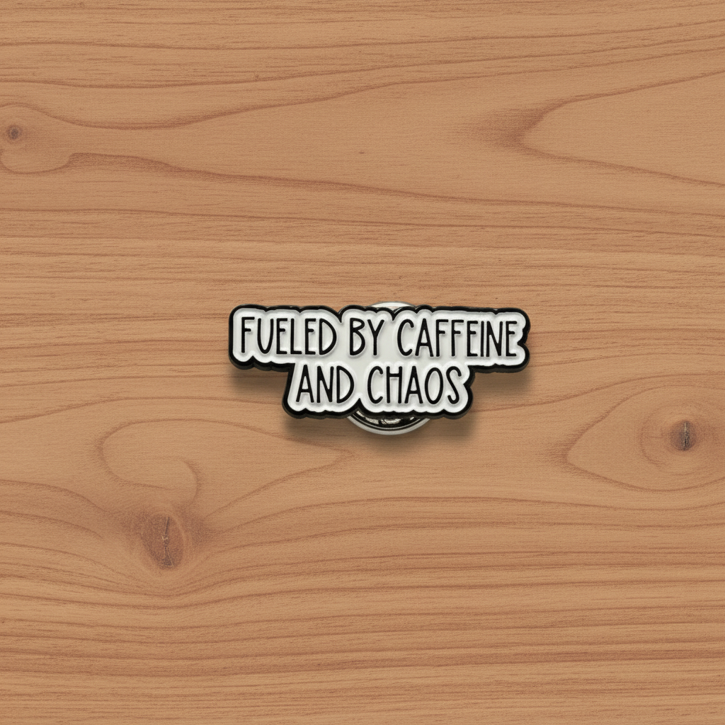 Fueled by caffeine and chaos enamel pin on wood background funny enamel pin with black and white text detail
