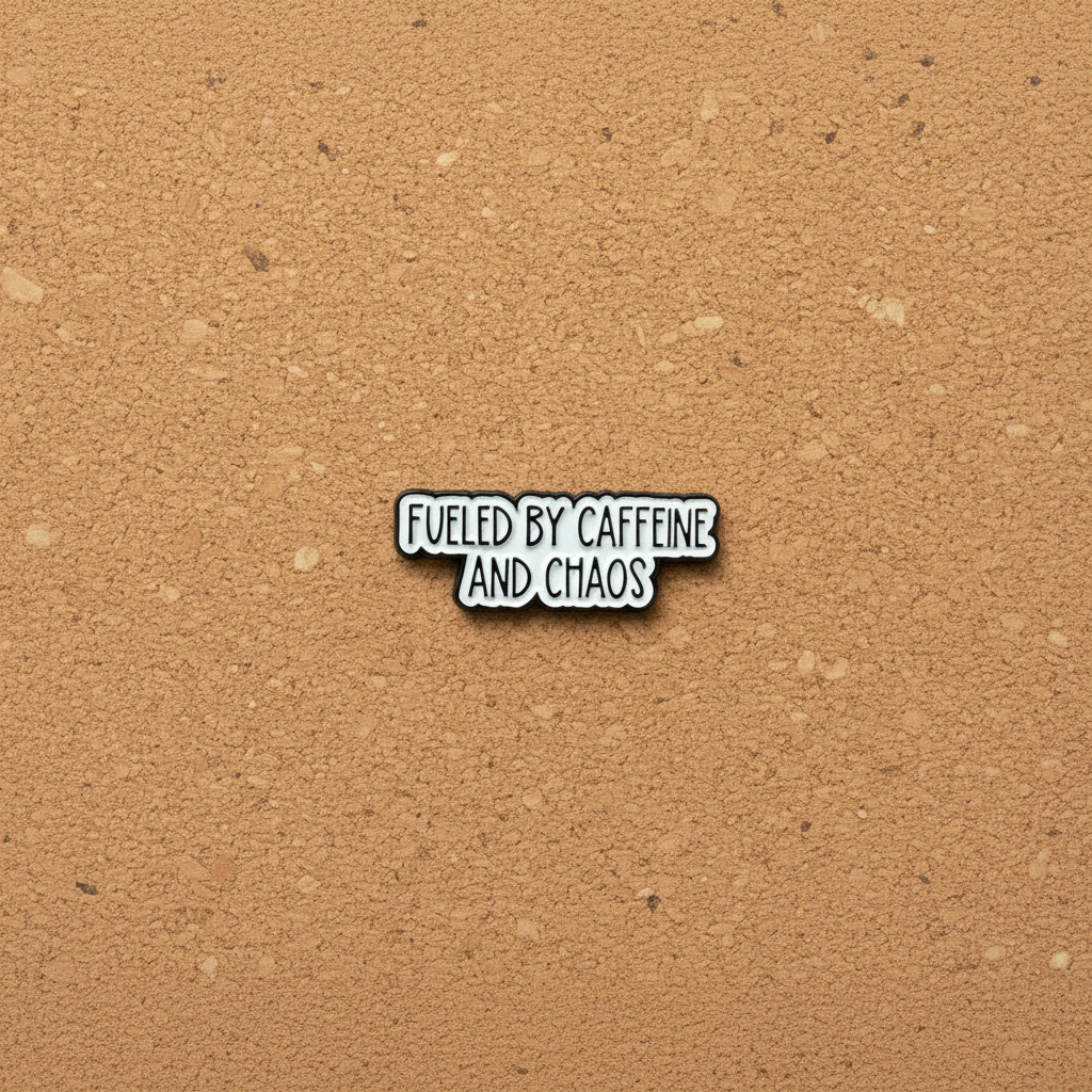 Fueled by caffeine and chaos enamel pin displayed on cork board sassy enamel pin for collectors and display
