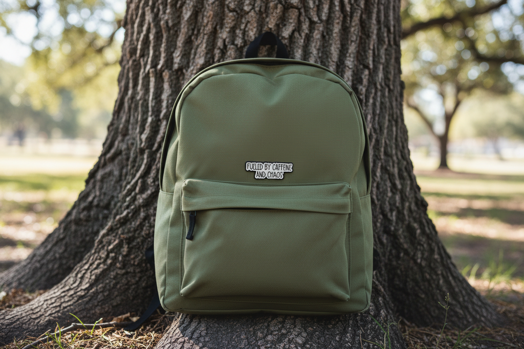 Metallic badge with text 'Fueled by caffeine and chaos' on a green bookbag
