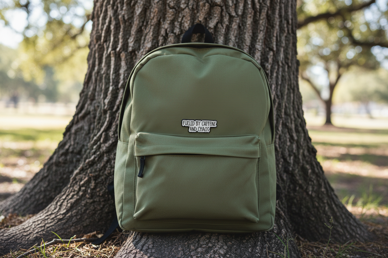 Metallic badge with text 'Fueled by caffeine and chaos' on a green bookbag