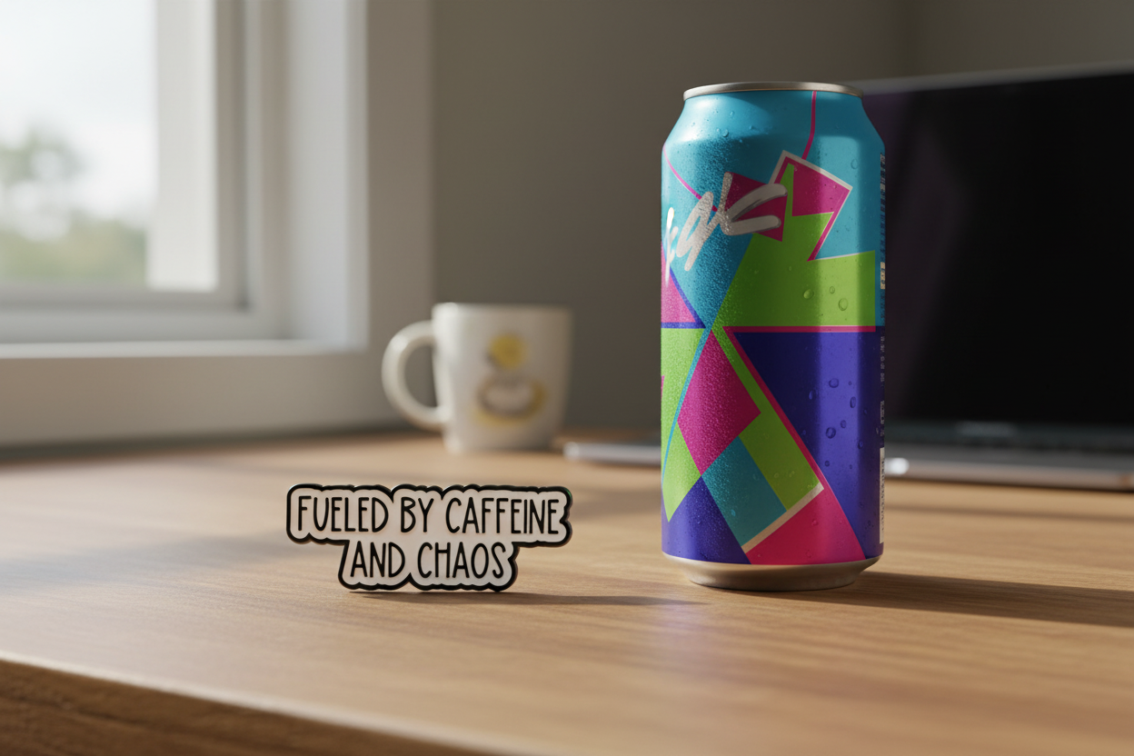Metallic badge with text 'Fueled by caffeine and chaos' on a desk background next to an energy drink