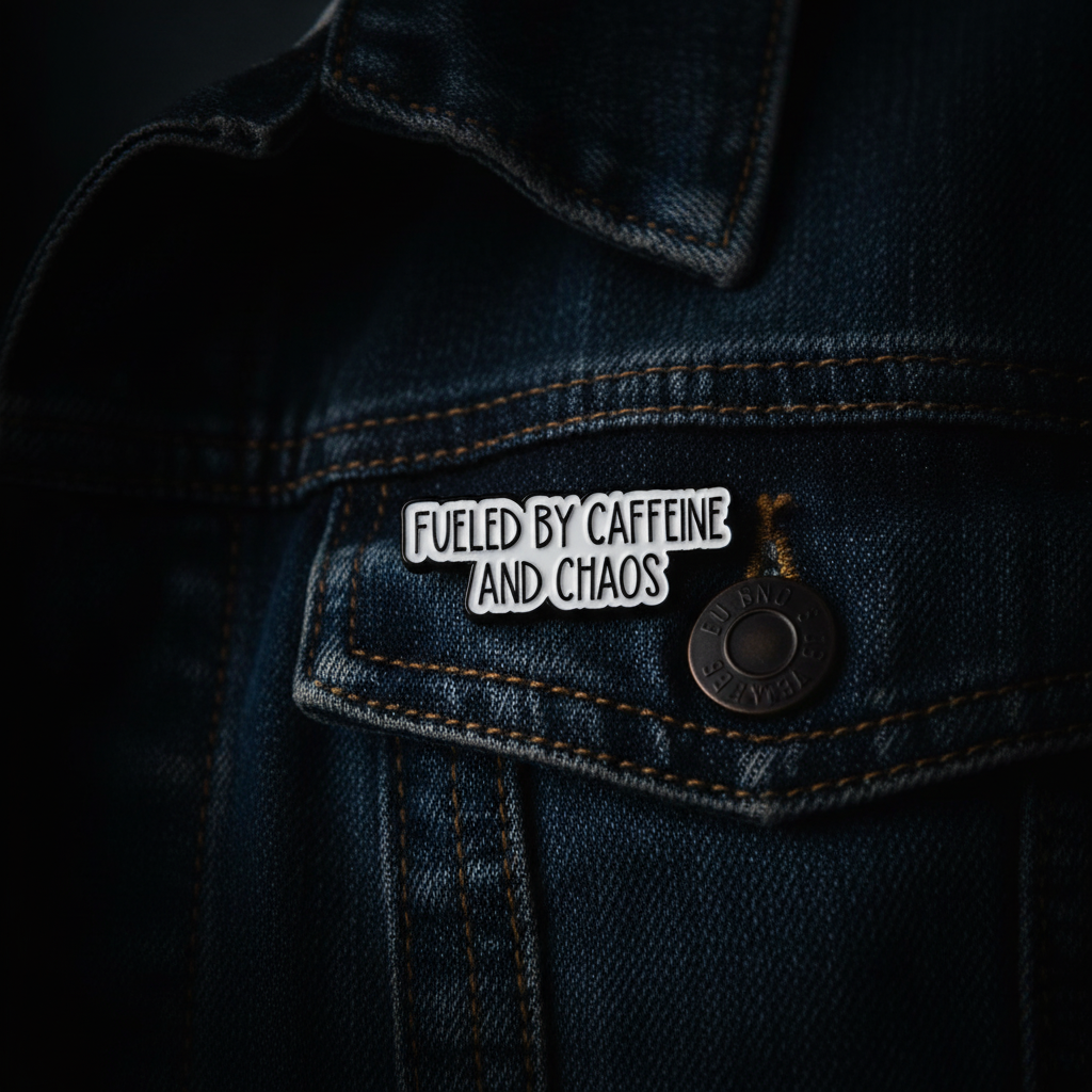 Fueled by caffine and chaos enamel pin  worn on denim jacket lapel, gen z  pin style for everyday wear