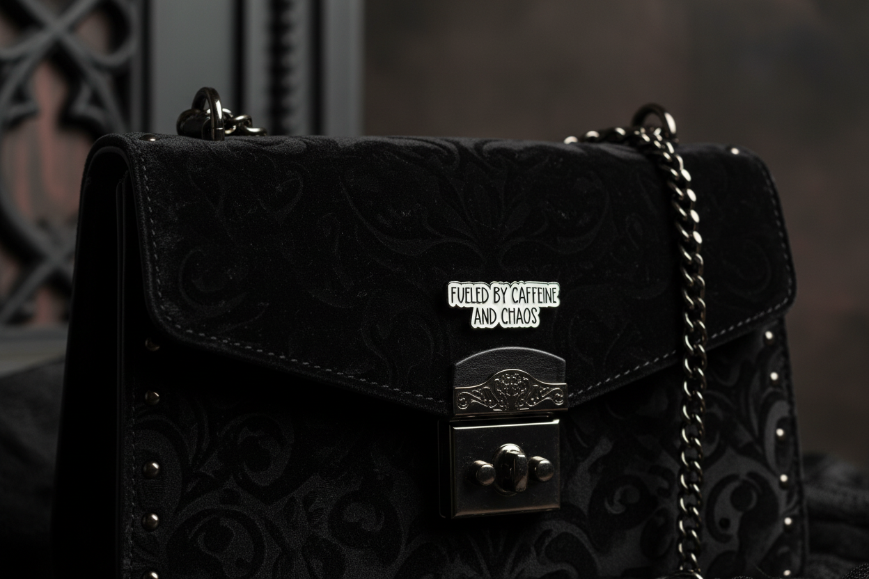 Metallic badge with text 'Fueled by caffeine and chaos' on a black purse background