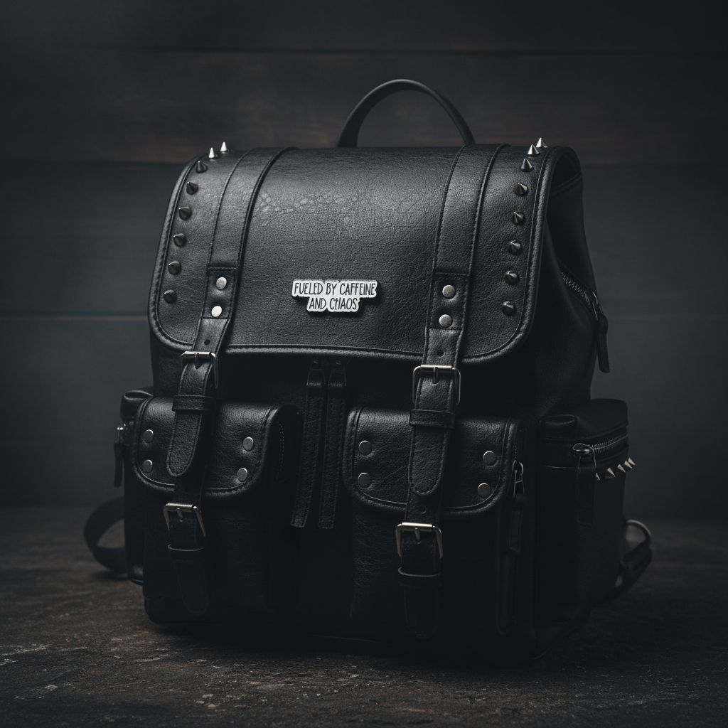 Fueld by caffiene and chaos enamel pin on backpack funny accessory for customizing bags and school gear