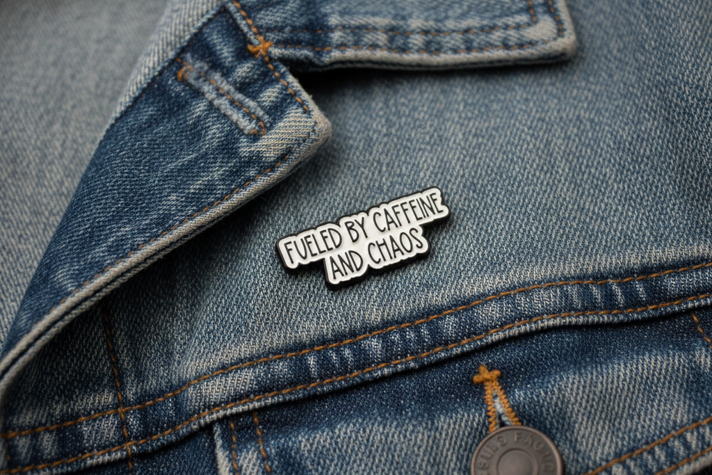 Metallic badge with text 'Fueled by caffeine and chaos' on a denim background