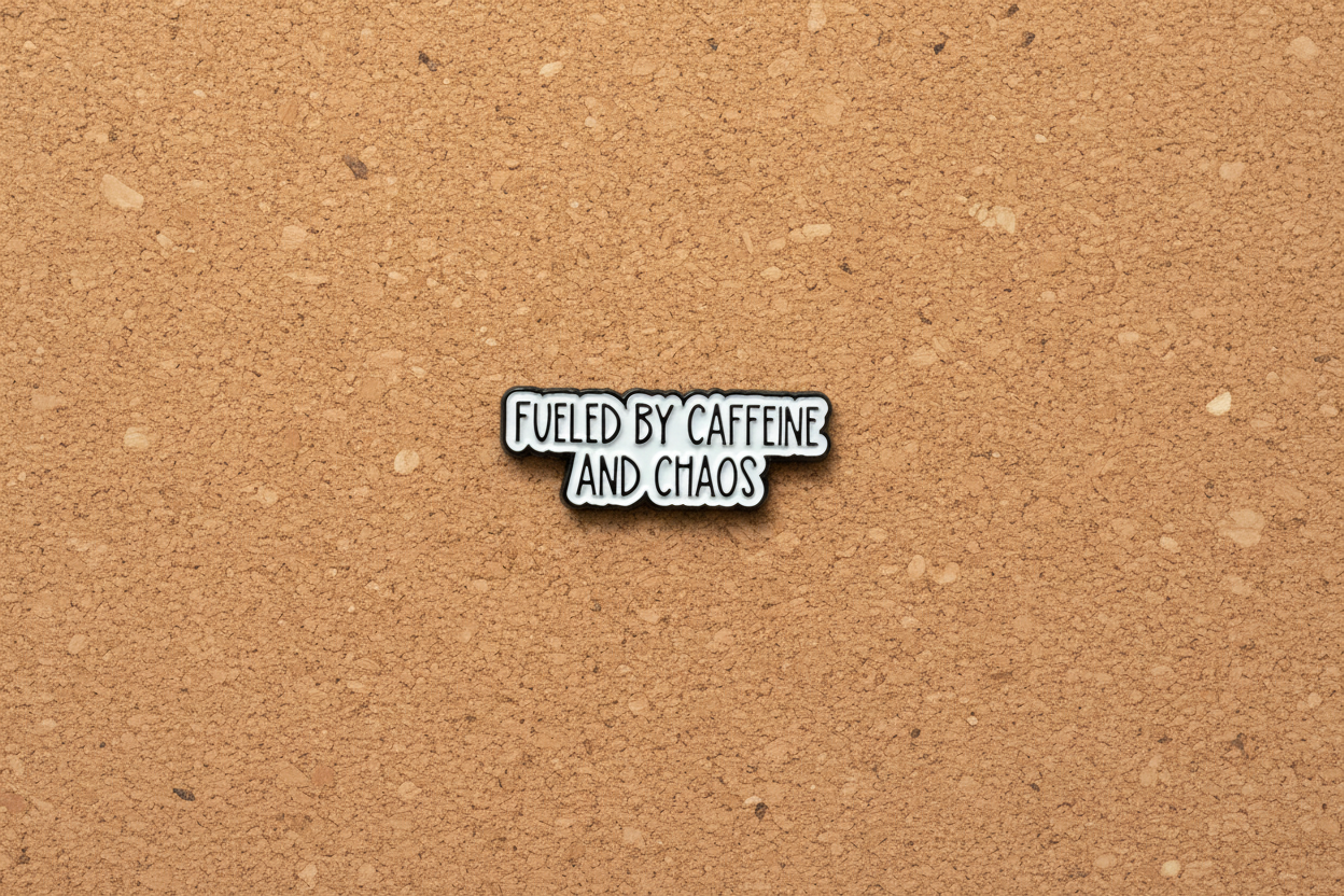 Metallic badge with text 'Fueled by caffeine and chaos' on a cork background