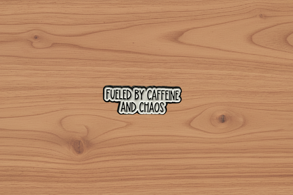 Metallic badge with text 'Fueled by caffeine and chaos' on a wood background